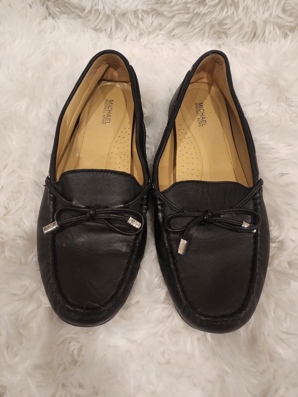 Michael Kors Black Leather Bow-Trim Moccasin Flats
